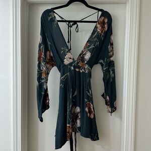 Floral Deep V-Neck Boho Mini Dress, Size S